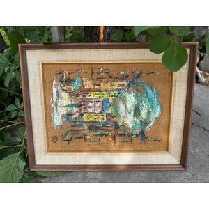 Framed Abstract Expressionist Original Oil on Sack Cloth - Signed by Artist